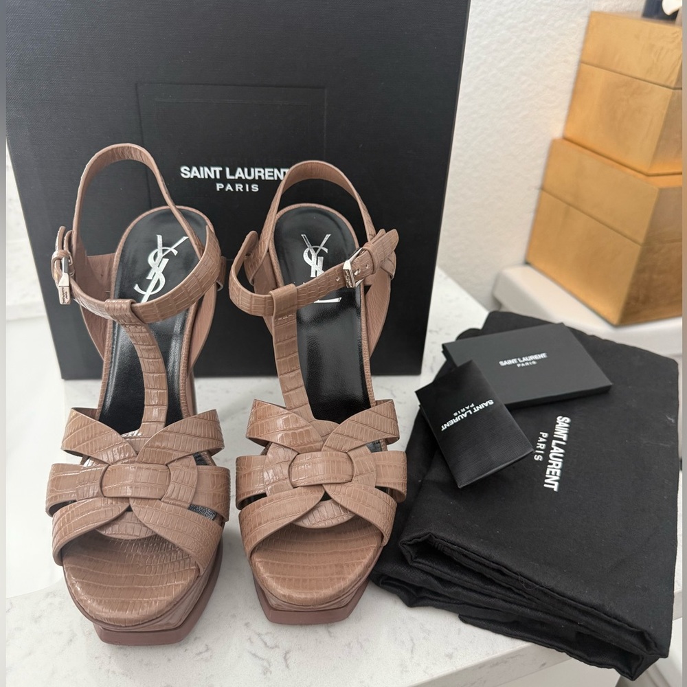 Saint Laurent Tribute Taupe Croc-Embossed T-Strap Platform Sandals